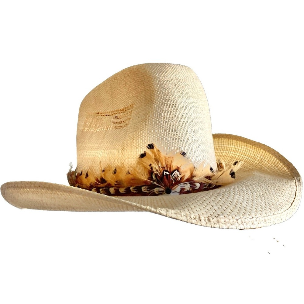 Goorin Bros Stomper Straw Cowboy Hat Size 7 M Unisex Western Vented Feather Band